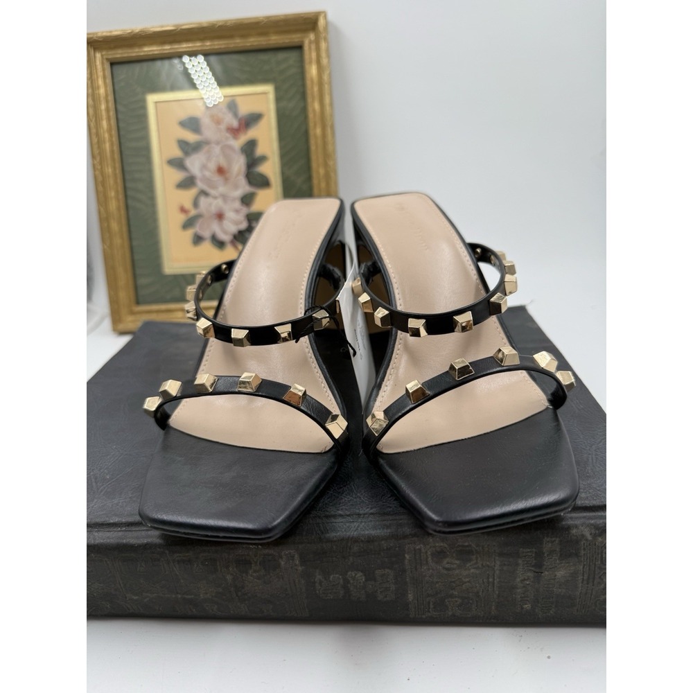 The Drop Women's Avery Square Toe Two Strap High Heeled Black Sandal Size-7.5